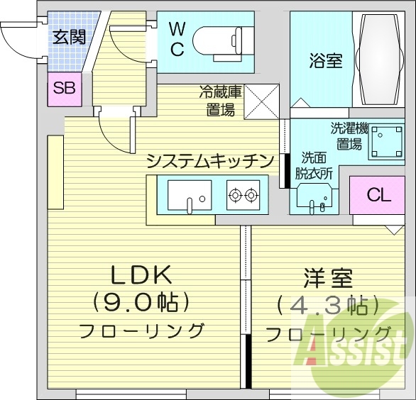 1LDK、都市ガス、エアコン、独立洗面台、システムキッチン