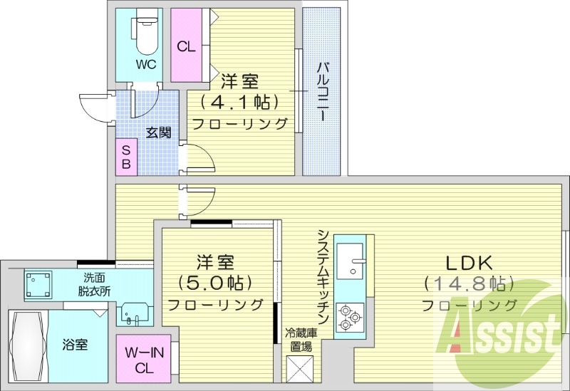 2LDK、エアコン、システムキッチン、独立洗面台、ネット無料