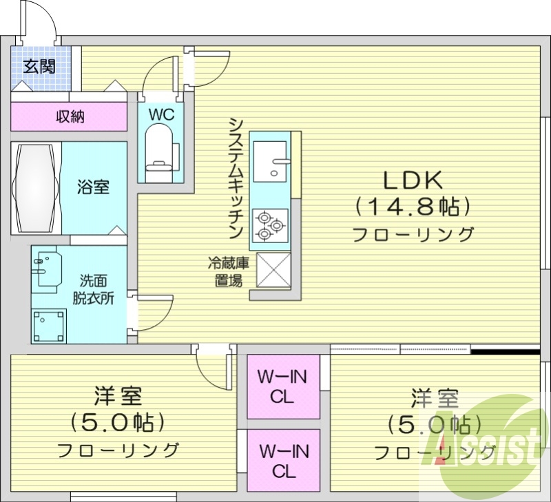 2LDK、エアコン、独立洗面台、システムキッチン、ネット無料