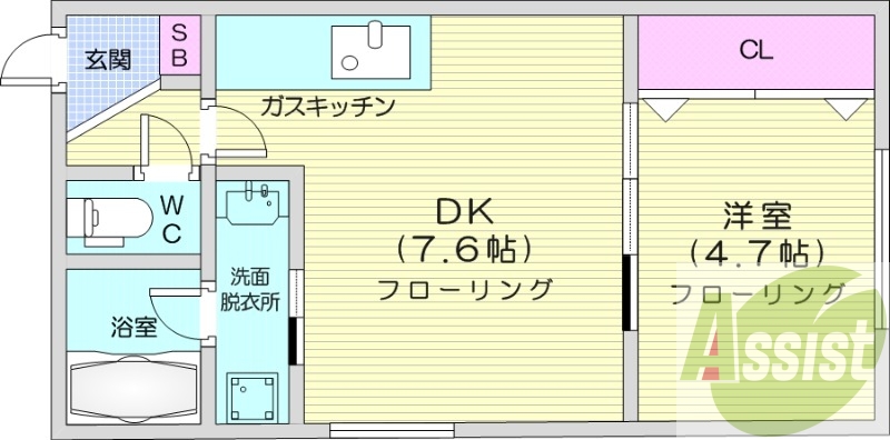 1DK　独立洗面台、ウォシュレット、クローゼット