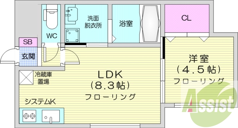1LDK、都市ガス、システムキッチン、エアコン
