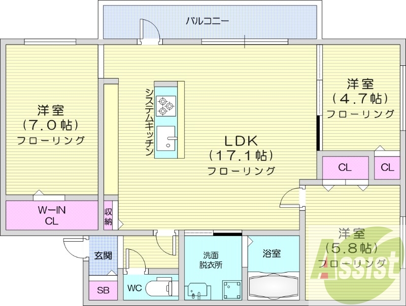 3LDK、都市ガス、エアコン、追い焚き、浴室乾燥機
