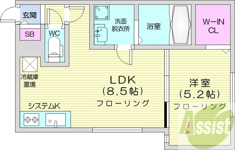 1LDK、エアコン、システムキッチン、灯油暖房、独立洗面台