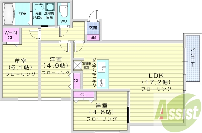 3LDK、ネット使用料無料、システムキッチン、エアコン