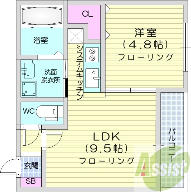 1LDK、エアコン、インターネット無料、バルコニー