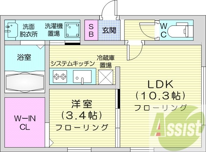 1LDK、エアコン、浴室乾燥機、灯油暖房、システムキッチン