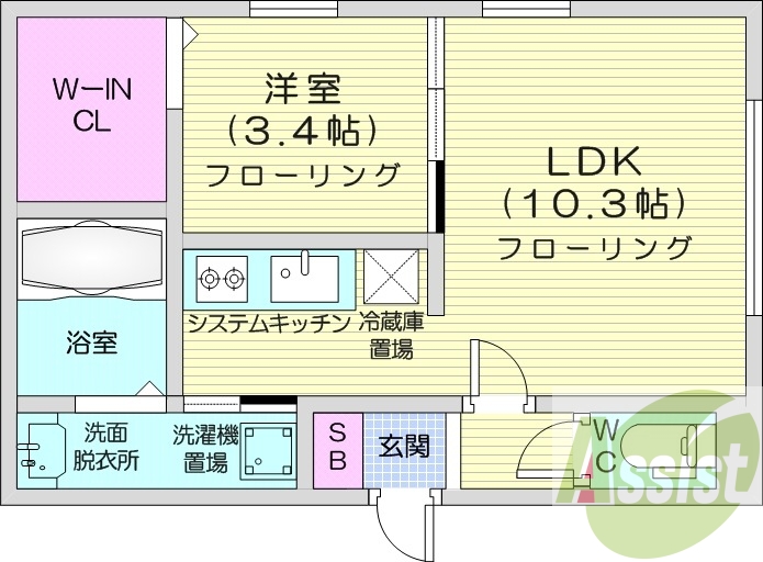 1LDK、エアコン、浴室乾燥機、灯油暖房、システムキッチン