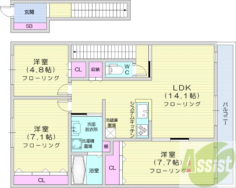 3LDK、無料駐車場、エアコン、灯油暖房