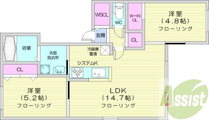 2LDK、浴室乾燥機、エアコン、灯油暖房、独立洗面台