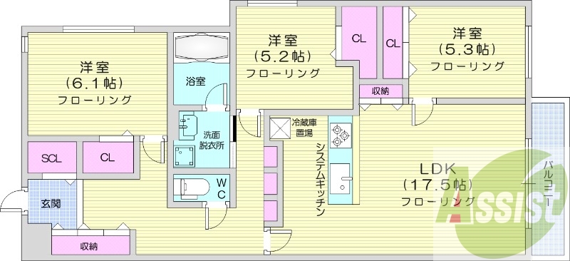 3LDK、都市ガス、エアコン、追い焚き、食器洗浄乾燥機