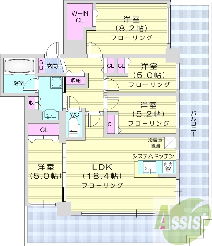 4LDK、分譲、システムキッチン、都市ガス、2面バルコニー