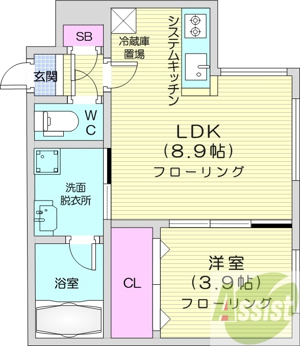 1LDK、都市ガス、エアコン、浴室乾燥機、システムキッチン