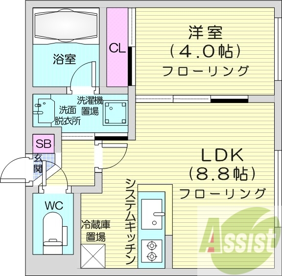 1LDK、都市ガス、エアコン、浴室乾燥機、システムキッチン