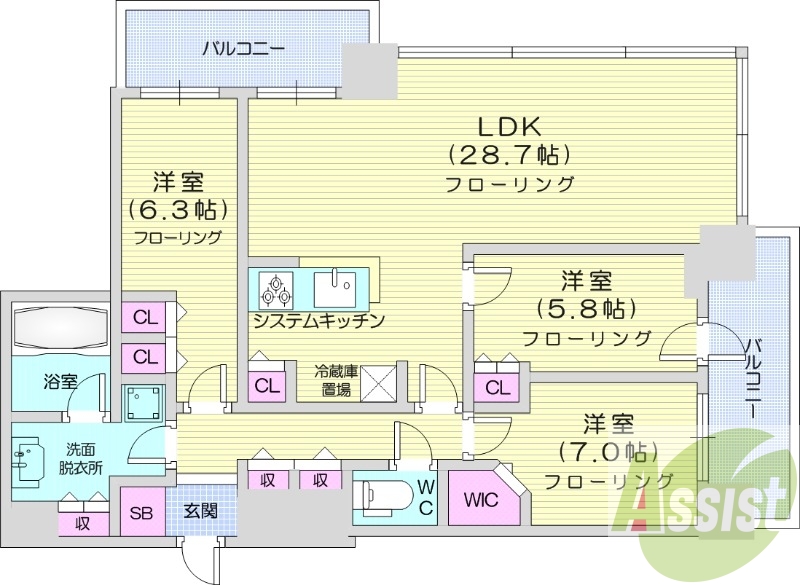 3LDK、システムキッチン、シャワートイレ、追い焚き