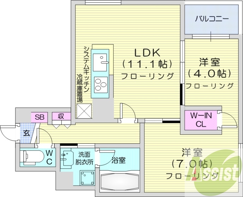 2LDK、エアコン、都市ガス、床暖房