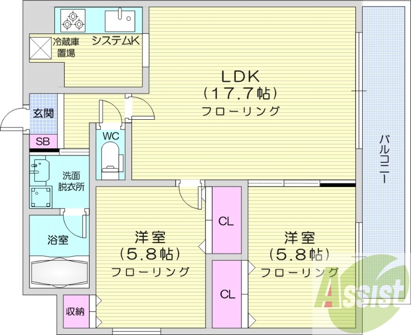 2LDK、収納、バストイレ別、洗面脱衣所、オートロック