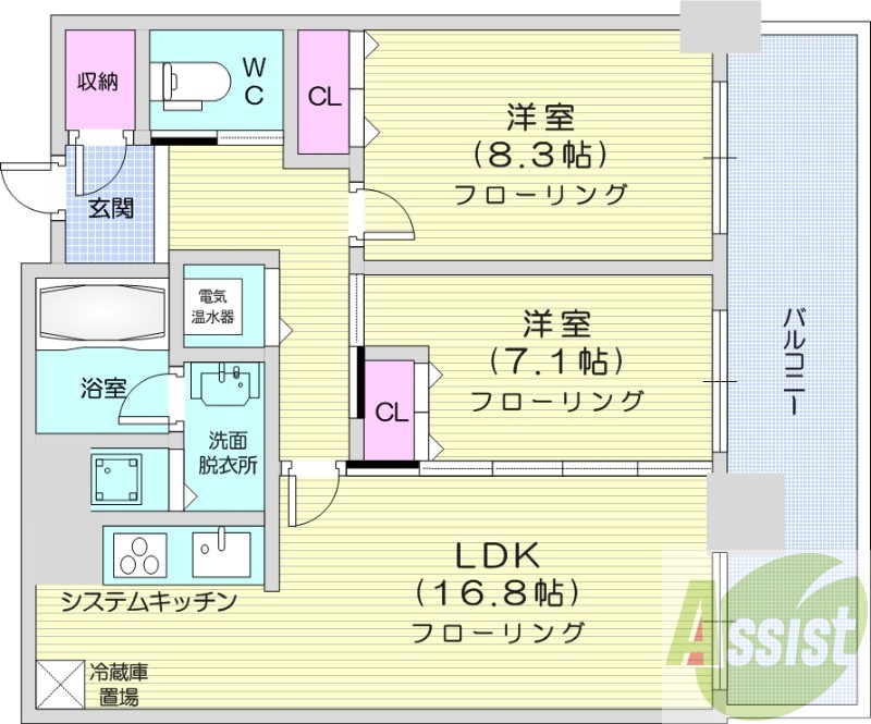 2LDK、システムキッチン、追い焚き、宅配ボックス、分譲