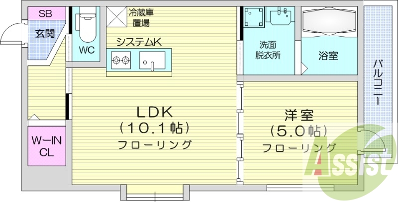 1LDK、都市ガス、追い焚き、独立洗面台、システムキッチン