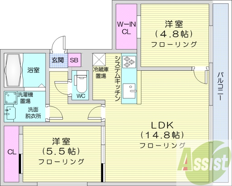 2LDK。都市ガス、エアコン、追い焚き、システムキッチン