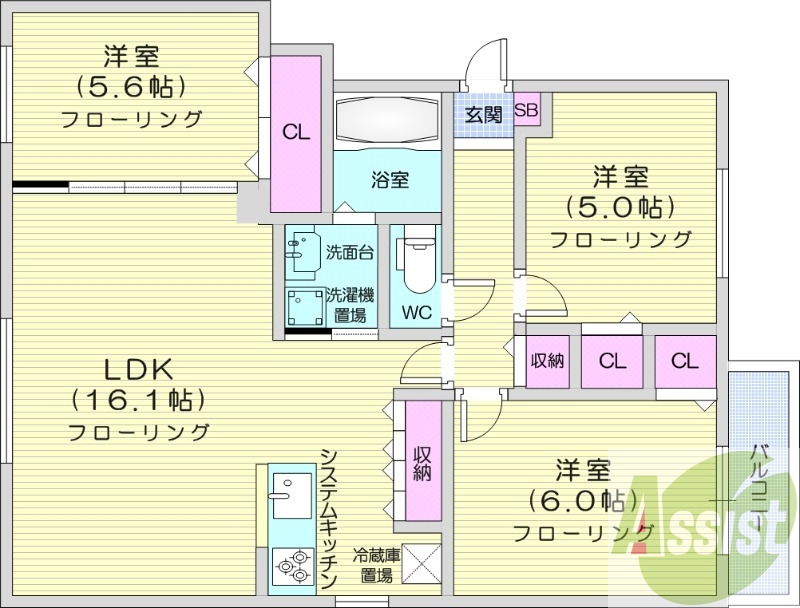 3LDK、都市ガス、システムキッチン、シャワートイレ