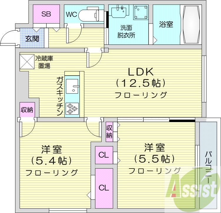 2LDK、収納、洗濯機置場、暖房設備、都市ガス