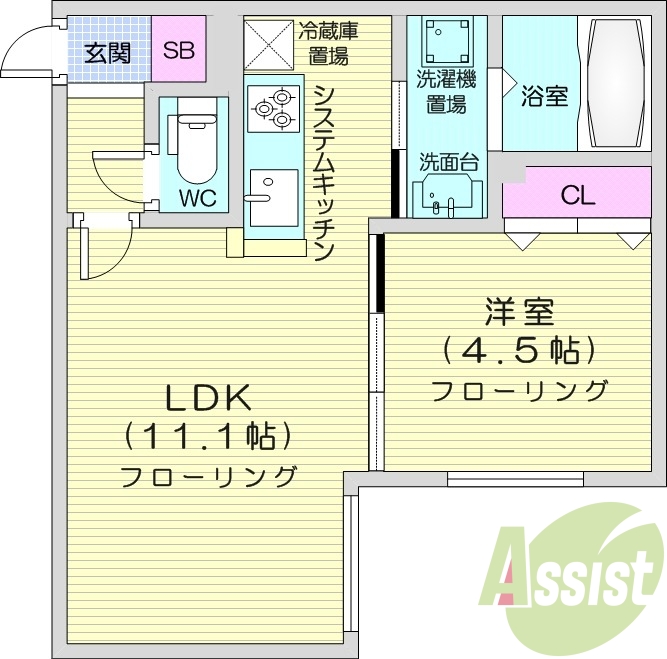 1LDK、システムキッチン、エアコン、ネット使用料無料