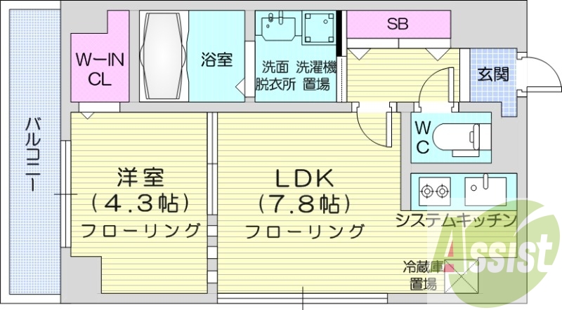 1DK、システムキッチン、都市ガス、エアコン