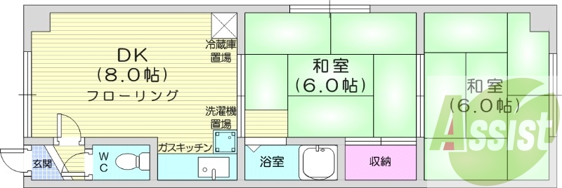 2DK、灯油暖房、室内洗濯機置場、収納、ガス給湯