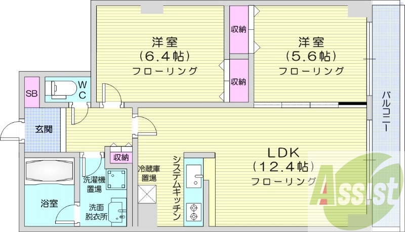 2LDK、オートロック、モニターホン、システムキッチン