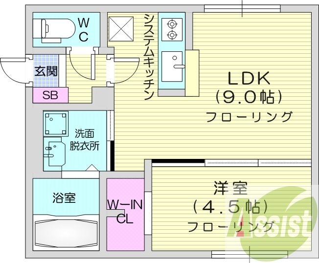 1LDK、システムキッチン、ネット無料、浴室乾燥機