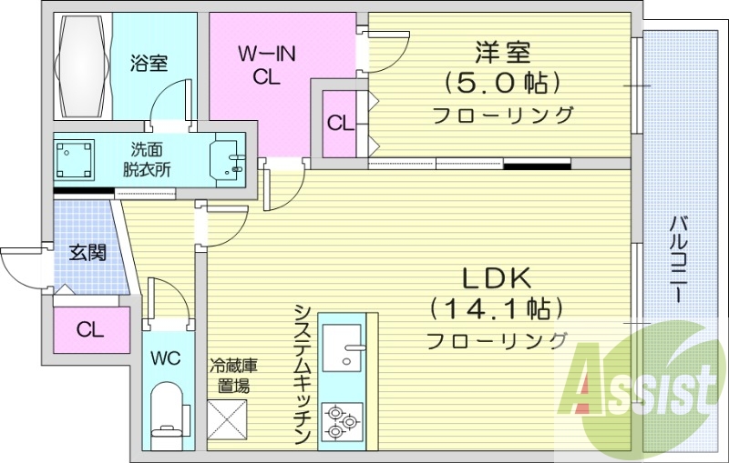1LDK、都市ガス、追い焚き、エアコン、システムキッチン