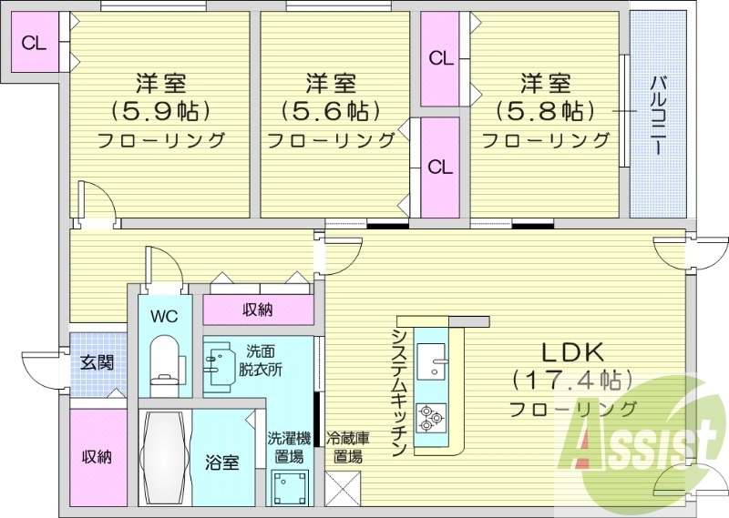 3LDK、エアコン、システムキッチン、追い焚き、浴室乾燥機