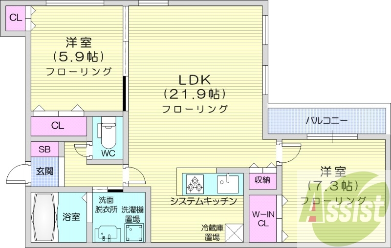 2LDK、エアコン、システムキッチン、追い焚き、浴室乾燥機