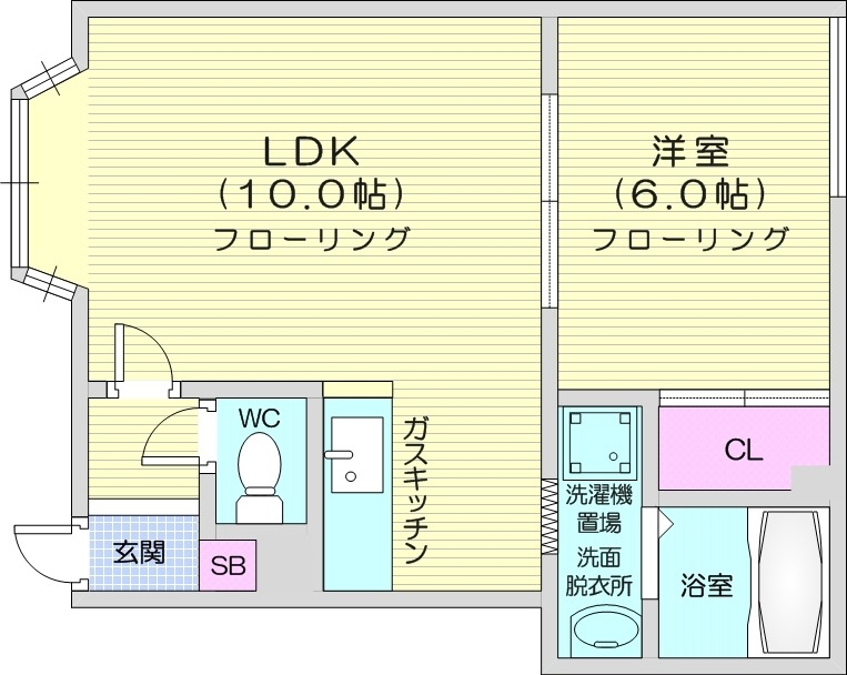 1LDK、灯油暖房、独立洗面台、クローゼット