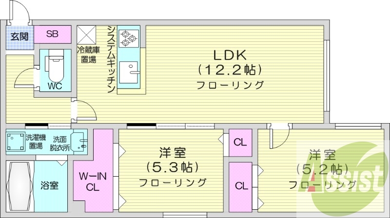 2LDK、システムキッチン、エアコン、ロードヒーティング