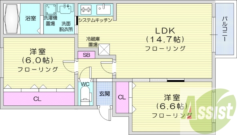 2LDK、システムキッチン、エアコン、ペット相談可
