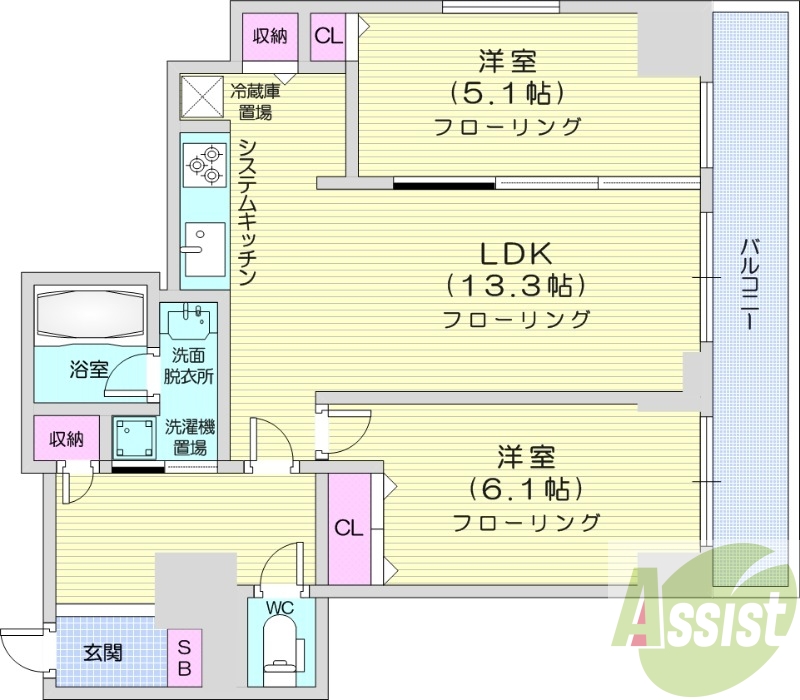 2LDK、オートロック、都市ガス、システムキッチン