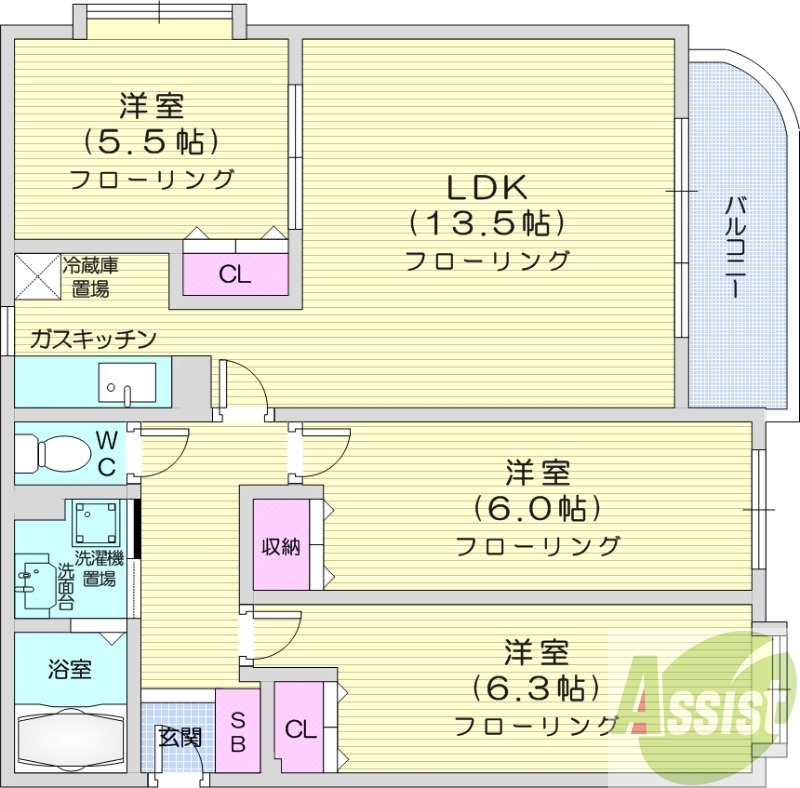 3LDK、ネット無料、バルコニーモニターホン