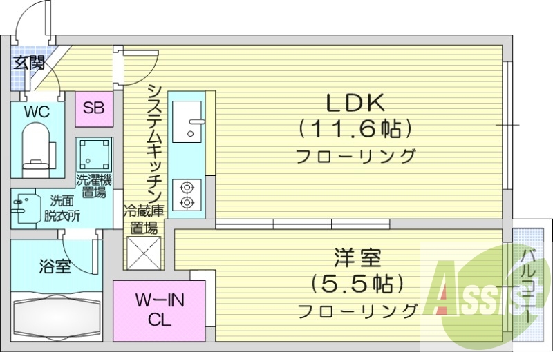 1LDK、独立洗面台、システムキッチン、エアコン
