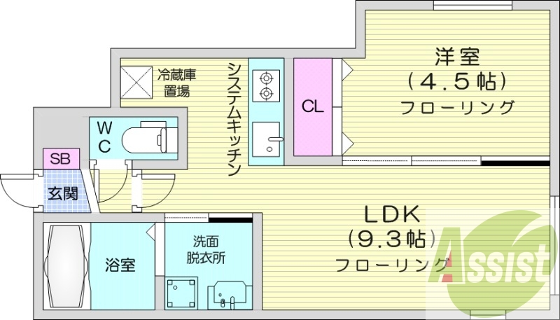 1LDK、都市ガス、エアコン、浴室乾燥機、システムキッチン