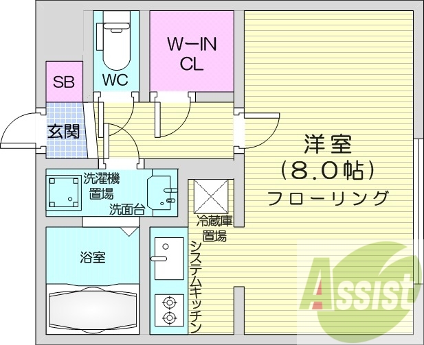 1K、エアコン、独立洗面台、システムキッチン、ネット無料