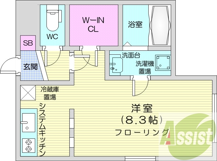 1K、エアコン、独立洗面台、システムキッチン、ネット無料