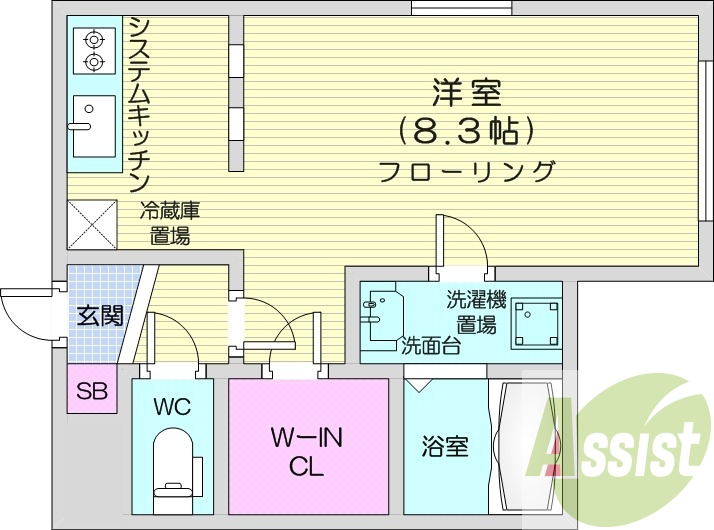 1K、エアコン、独立洗面台、システムキッチン、ネット無料