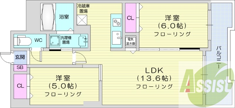 2LDK、追炊き、宅配ボックス、トランクルーム、