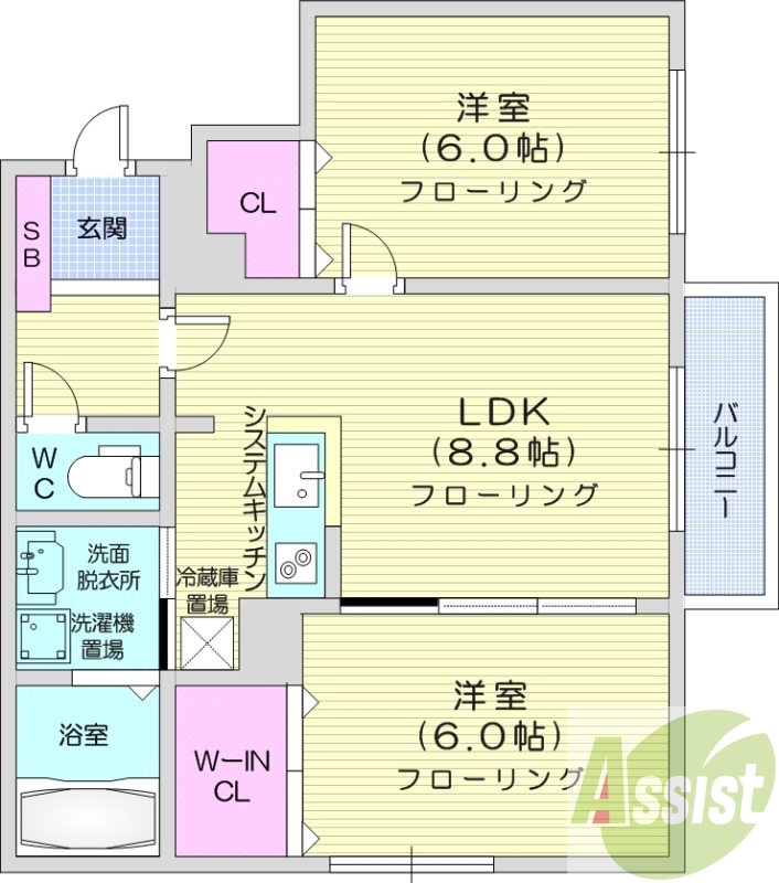 2LDK、都市ガス、エアコン、システムキッチン