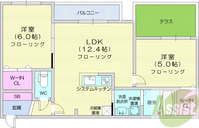 2LDK、都市ガス、エアコン、システムキッチン