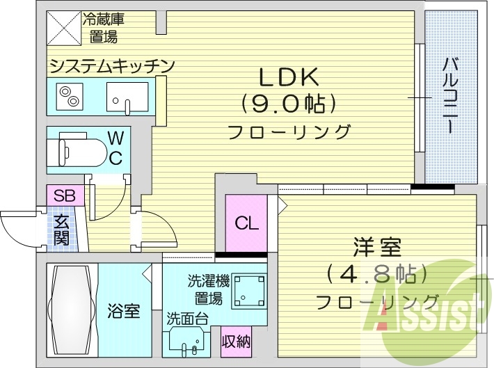 1LDK、都市ガス、エアコン、システムキッチン