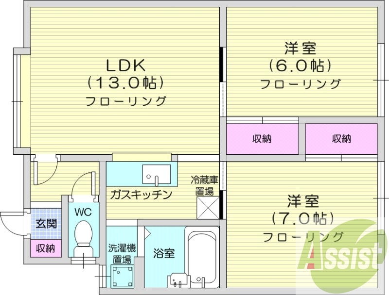 2LDK、角部屋、最上階、灯油暖房、トランクルーム