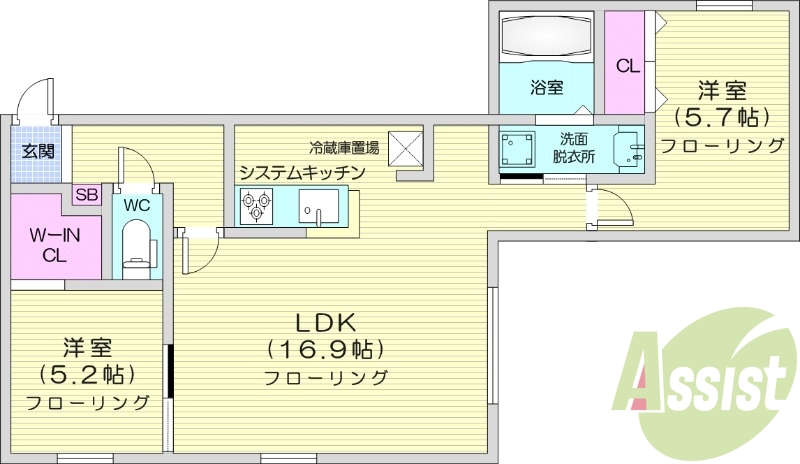 2LDK、エアコン、追い焚き、浴室乾燥機、システムキッチン