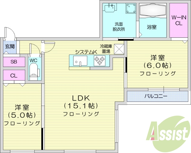 2LDK、都市ガス、エアコン、ガス暖房、オートロック